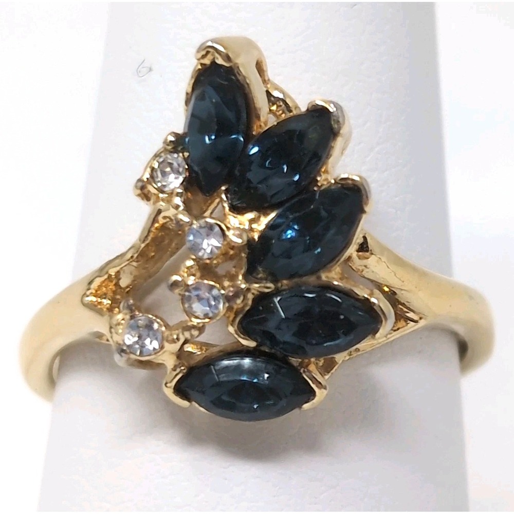 14K Gold Electroplate Dark Blue Marquise Sapphire Color Cluster Ring Sz 8.5-8.75
